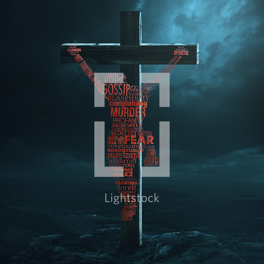 Jesus silhouette in words on a cross 