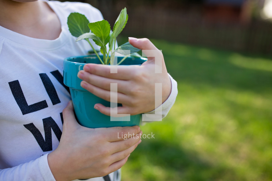 a girl holding a potted plant 