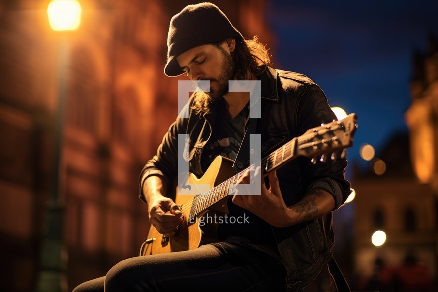 Young man playing guitar on the street at night