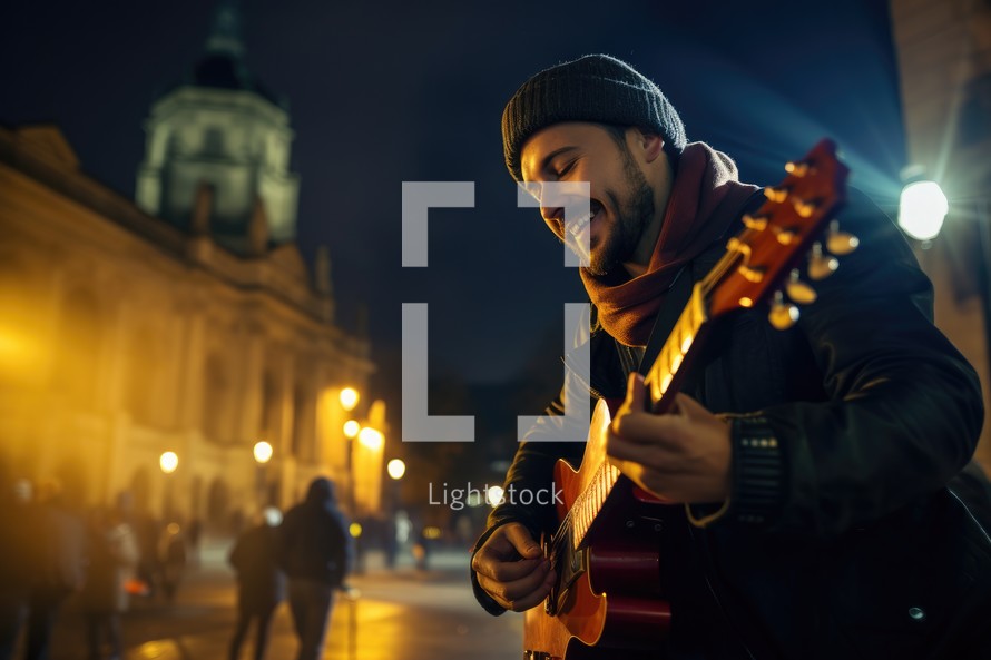 Young man playing guitar on the street at night