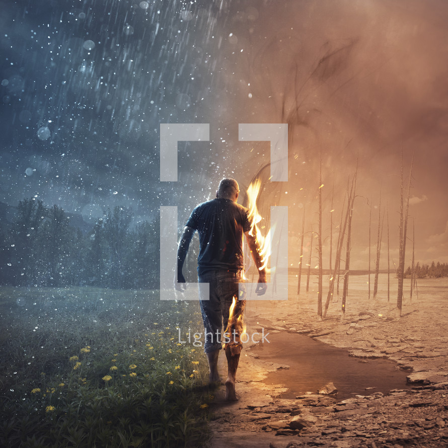 A man walks through burning fire and refreshing rain.