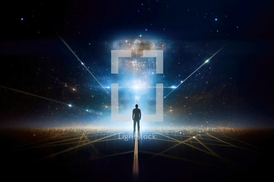 Silhouette of a man standing in front of a futuristic portal. Futuristic background