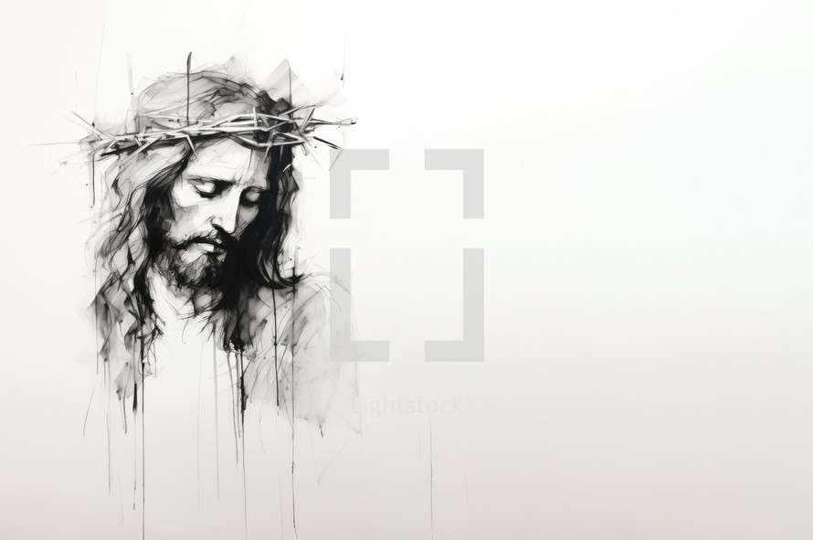 Sketch portrait of Jesus Christ with crown of thorns on white background with copy space
