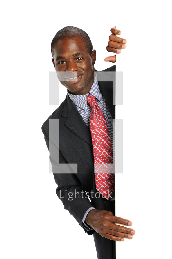 business man holding a blank sign 