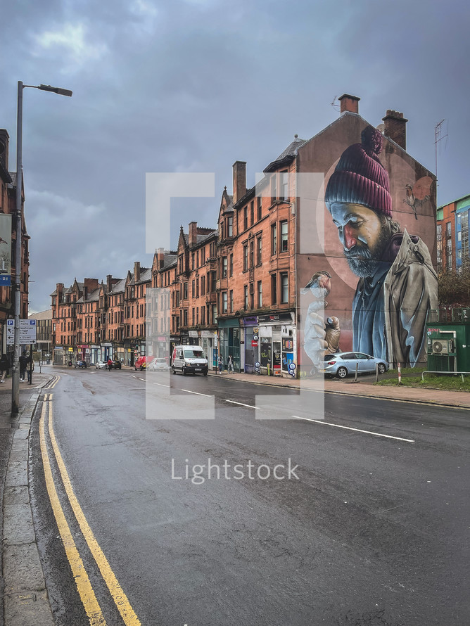 St Mungo Mural. Famous painting in Glasgow, Scotland. Januari 3 2024.	