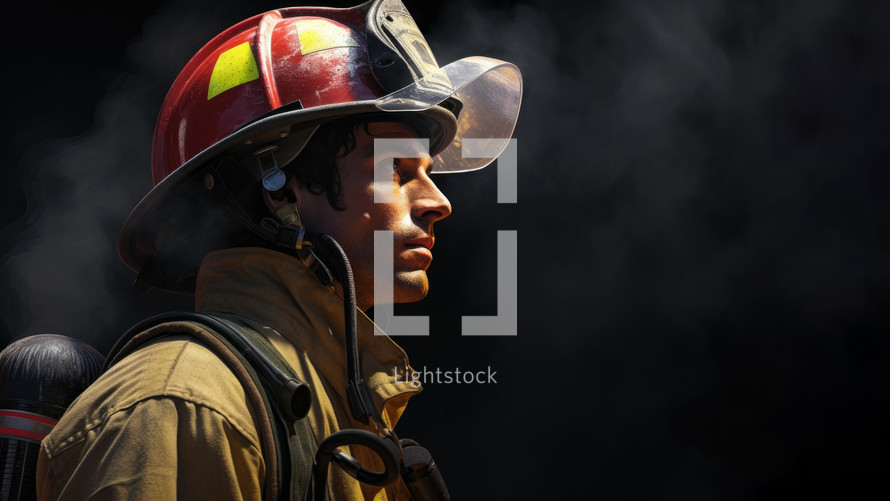 Firefighter with helmet and uniform looking away on black background with smoke