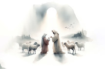 Christmas Nativity Scene. The shepherds visiting Jesus. Watercolor illustration