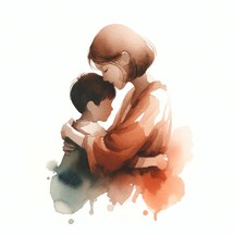 Watercolor illustration of a mother and son hugging each other on a white background.