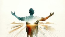 Silhouette of a man in worship on a white background. Watercolor illustration.