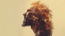Double exposure portrait of Jesus combined with a cloud of smoke.
