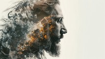 Double exposure portrait of Jesus combined with a cloud of smoke.