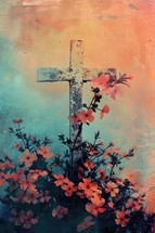 Grunge cross with flowers on colorful background. Christian symbols.