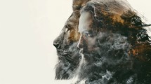 Double exposure portrait of a lion and Jesus combined with smoke.