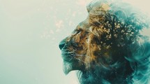 Double exposure of lion face with smoke and light effect in vintage style.