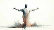 Digital painting of man in worship in front of a watercolor abstract cityscape. Watercolor painting