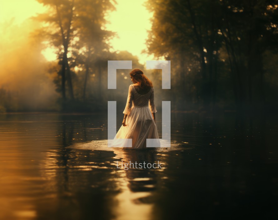 Baptism. Young woman in a long white dress standing in a lake at sunset