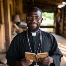 A Catholic priest with a warm smile, holding a Bible and wooden beads with a cross in hand, radiating a sense of faith and spiritual connection