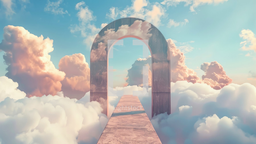  Gates of Heaven. 3D Render of an Entrance Doorway to the Sky with Clouds.