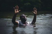 Baptism. Black Man in worship in a river