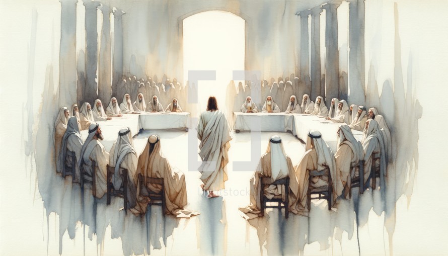 Jesus Christ before the Sanhedrim. Passion Friday. Life of Christ. Watercolor Biblical Illustration