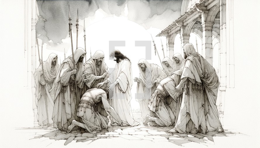 Betrayal and arrest. Life of Jesus. Digital drawing.
