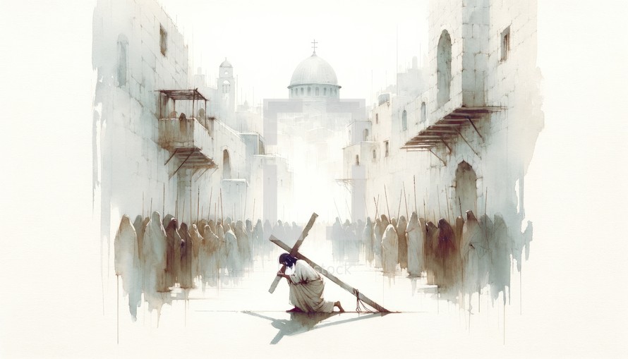 Jesus takes up his Cross. Digital watercolor painting illustration.