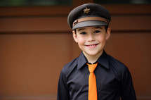 Young boy dressed as a postman, gazing at the camera