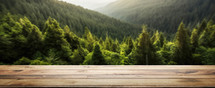 Wooden board empty table in front of mountain landscape. Ready for product display montage