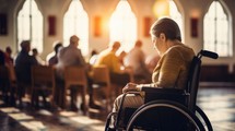 Elderly woman in a wheelchair in a church. Selective focus.