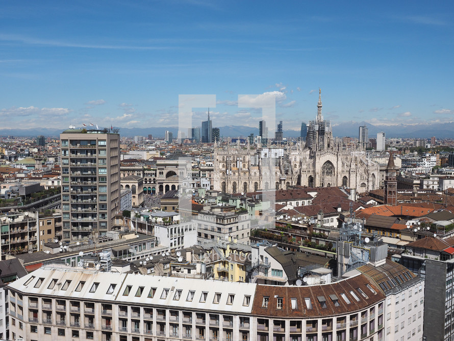 MILAN, ITALY - CIRCA APRIL 2016: Aerial view of the skyline of the city