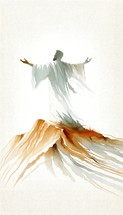 Digital illustration of man in worship in the sky, above the mountains.