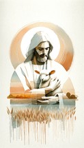 Jesus Christ holding a lamb. Double exposure with a lake in background.