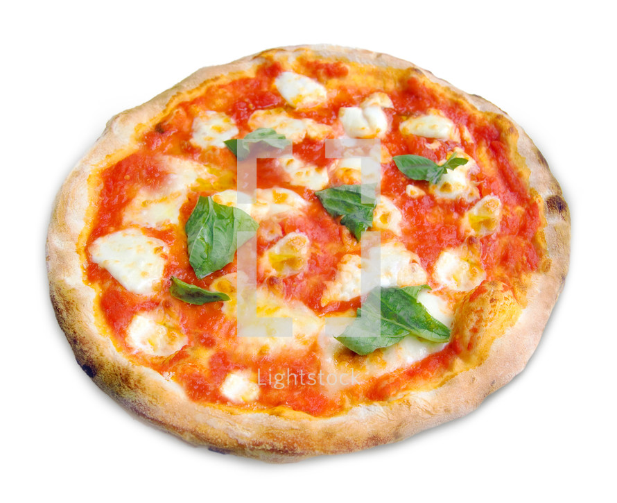 Pizza Margherita with mozzarella, tomatoes and basil isolated on white background.