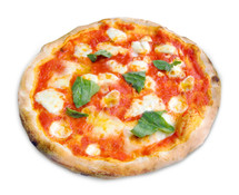 Pizza Margherita with mozzarella, tomatoes and basil isolated on white background.