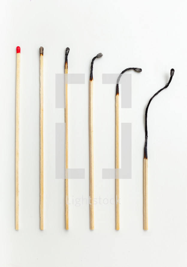 Aging concept with matches. From left to right, from the youngest to the oldest.