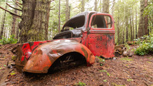 abandoned truck in a forest 