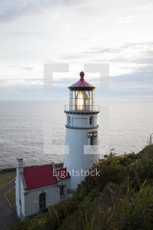 a lighthouse along a shore 