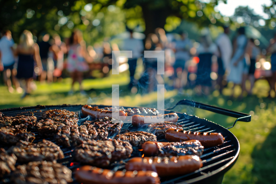 Hamburgers and hotdogs on a grill with people in the background