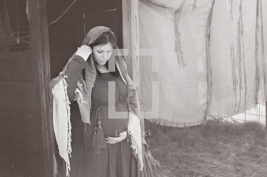 Pregnant Mary standing by a stable 