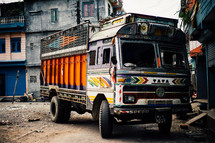 bus on the dirt streets of Nepal 