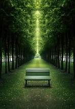 Park bench in the middle of a tunnel of green trees with sunlight