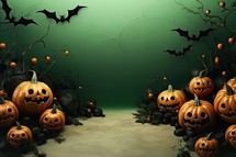 Halloween background with pumpkins, bats and cobwebs 3d render