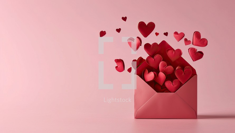 Pink envelope with red hearts on a pink background. Valentine's Day concept.