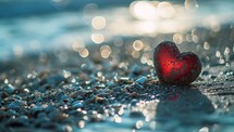 Red heart on the beach with bokeh background. Valentines day