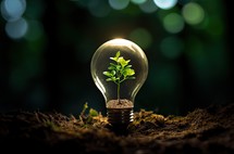 Green plant growing inside of a light bulb on soil with bokeh background
