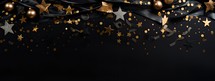 Black background with golden stars and confetti. Festive decoration.