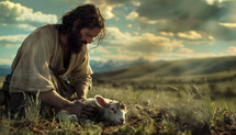 Jesus stoops down to pick up a wounded lamb in a field