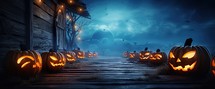 Halloween background with pumpkins on wooden planks 3D rendering