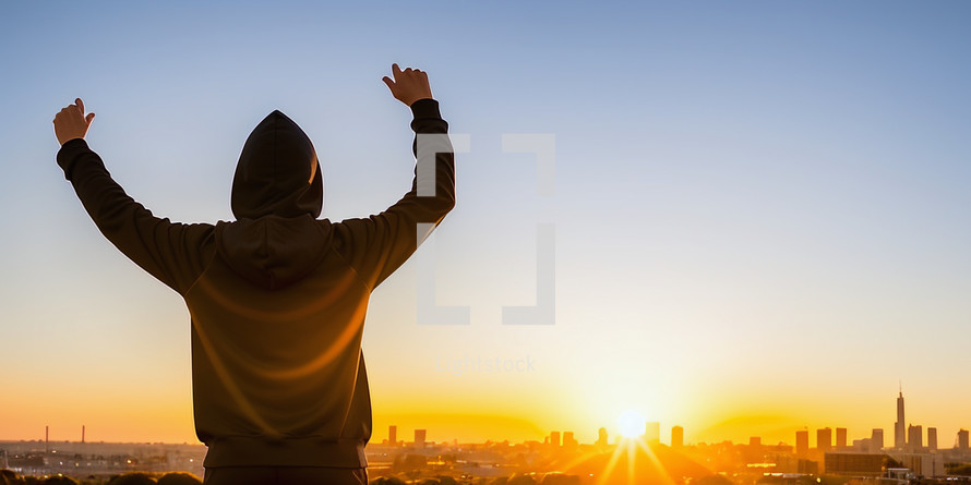 A man with a hoodie with raised up hands overlooking a city