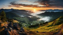 Mountain landscape at sunrise. Colorful summer sunrise in the mountains.
